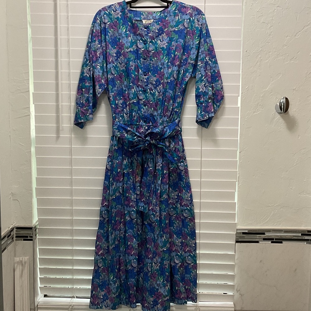 Vintage J.Jill 100% cotton Blue & Purple Floral Midi Dress with Tie Waist